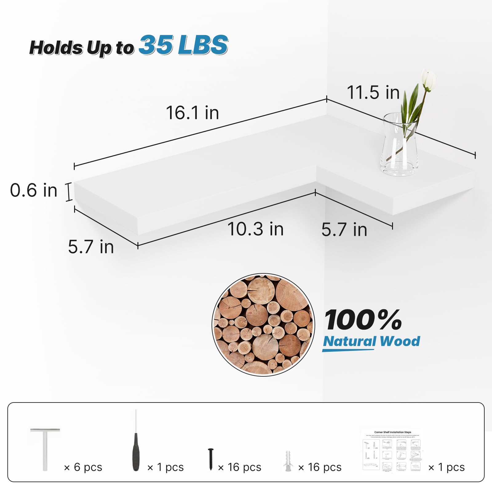 NATURE'S SOURCE wall-mounted corner shelves ideal for bedrooms and living areas.