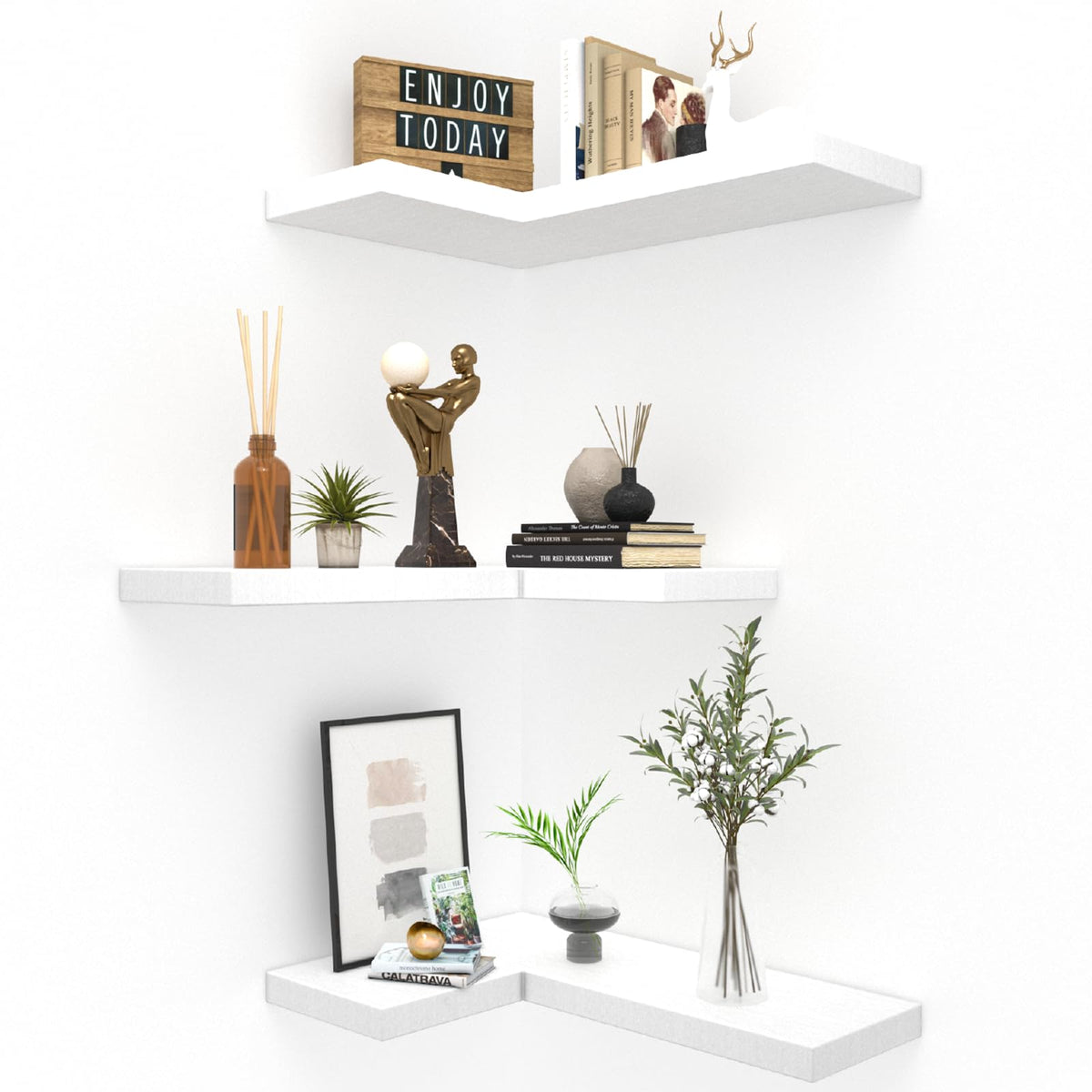 Gently floating NATURE'S SOURCE corner shelves with invisible brackets save wall space for stylish displays.