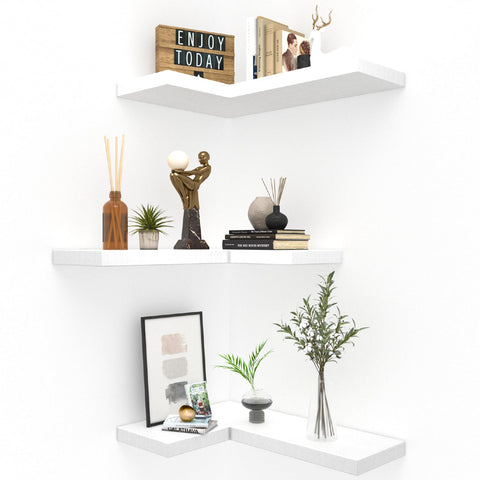 Gently floating NATURE'S SOURCE corner shelves with invisible brackets save wall space for stylish displays.