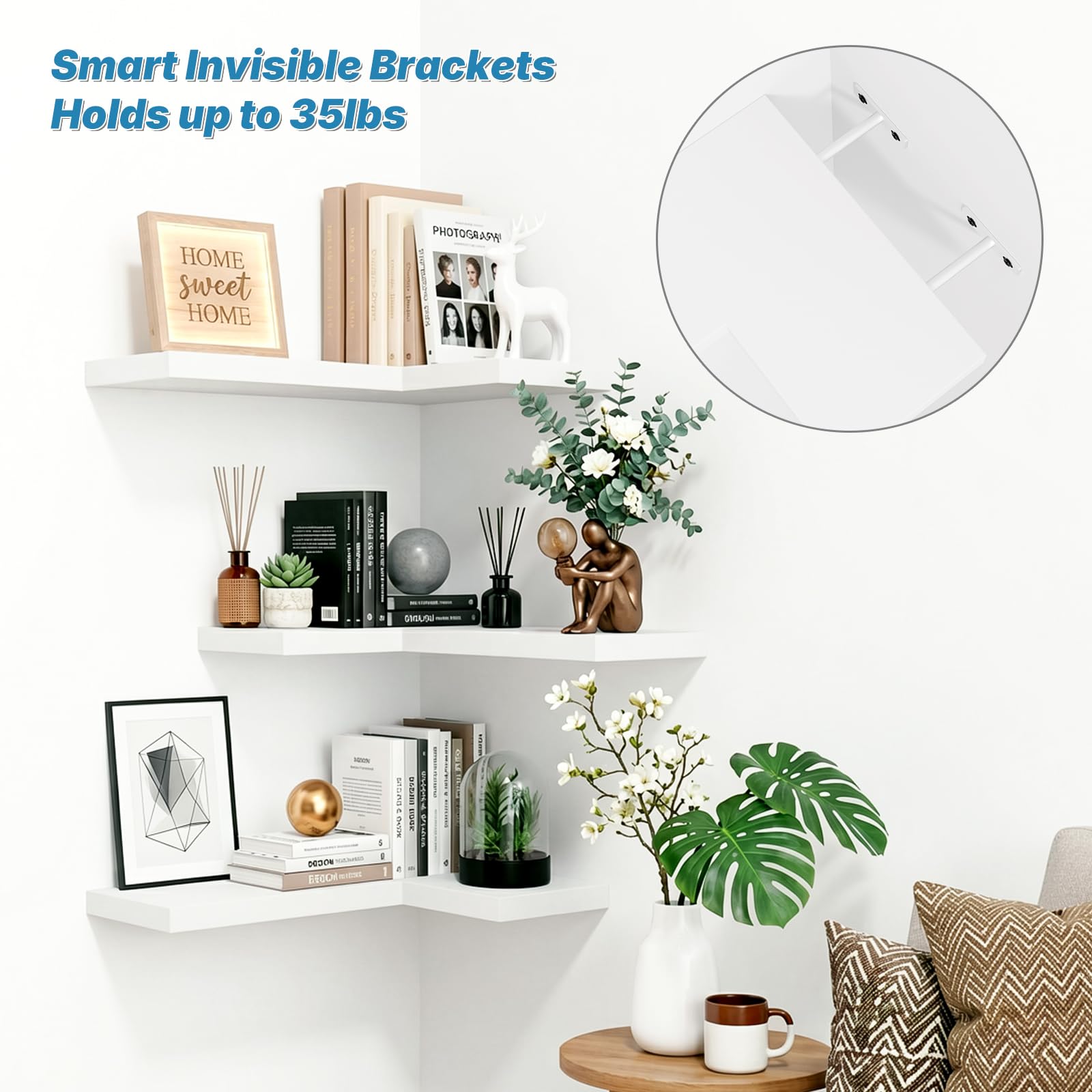 NATURE'S SOURCE L-shaped corner design maximizes space and adds decorative storage.