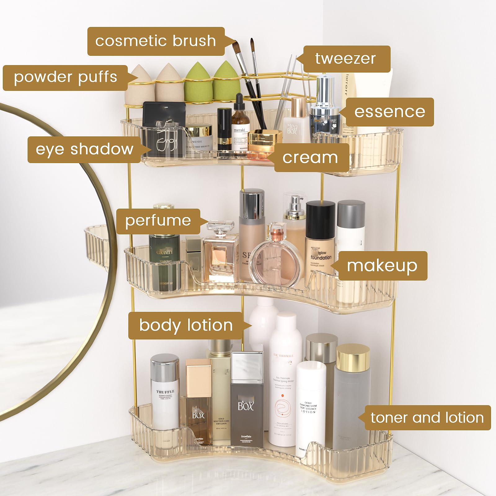 NATURE'S SOURCE perfume display amber gold offers an elegant way to showcase fragrances.