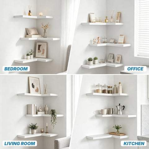 NATURE'S SOURCE corner shelves displaying small plants, frames, or keepsakes.