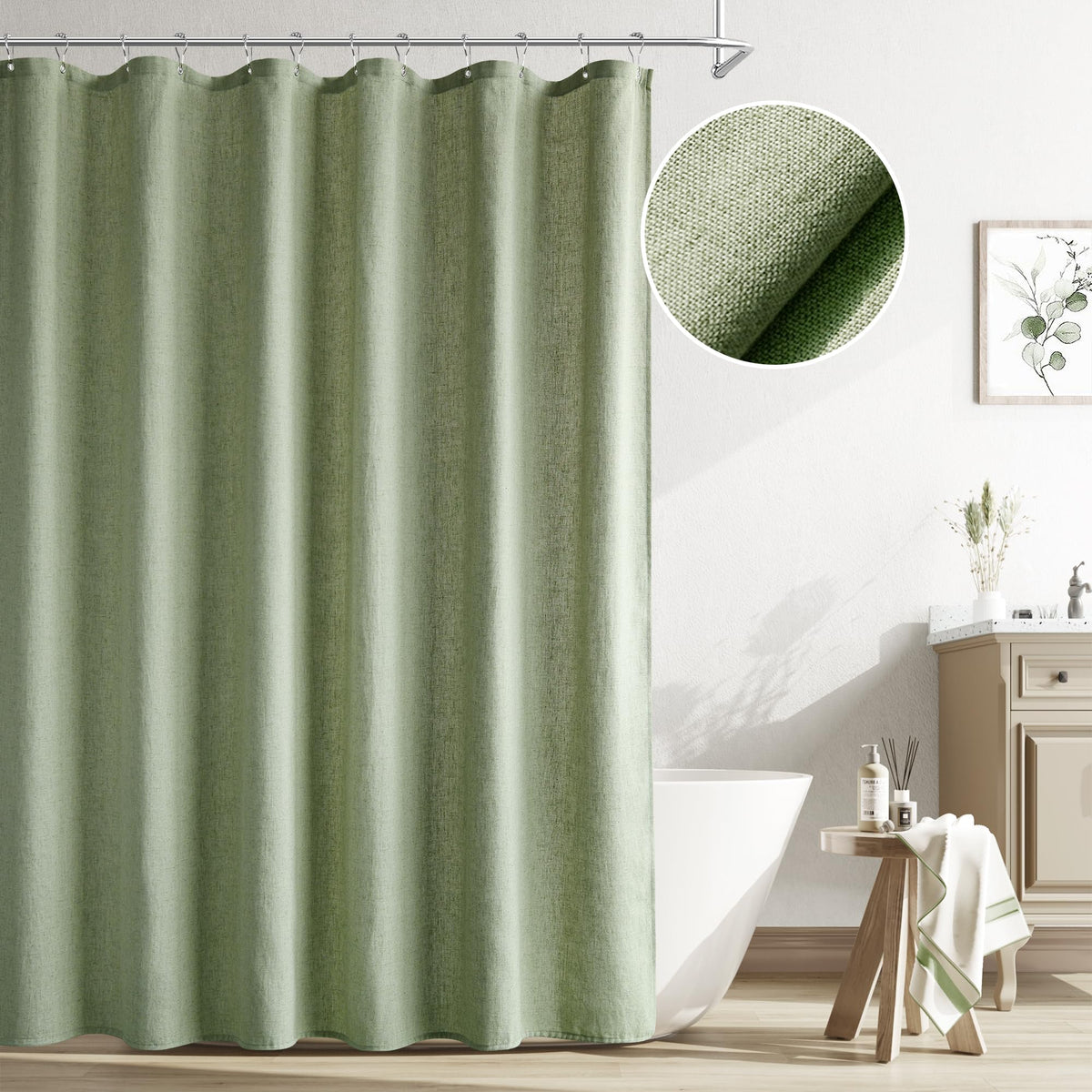 Naturoom Sage Green Shower Curtain fabric close-up showing natural linen texture for a calming bath