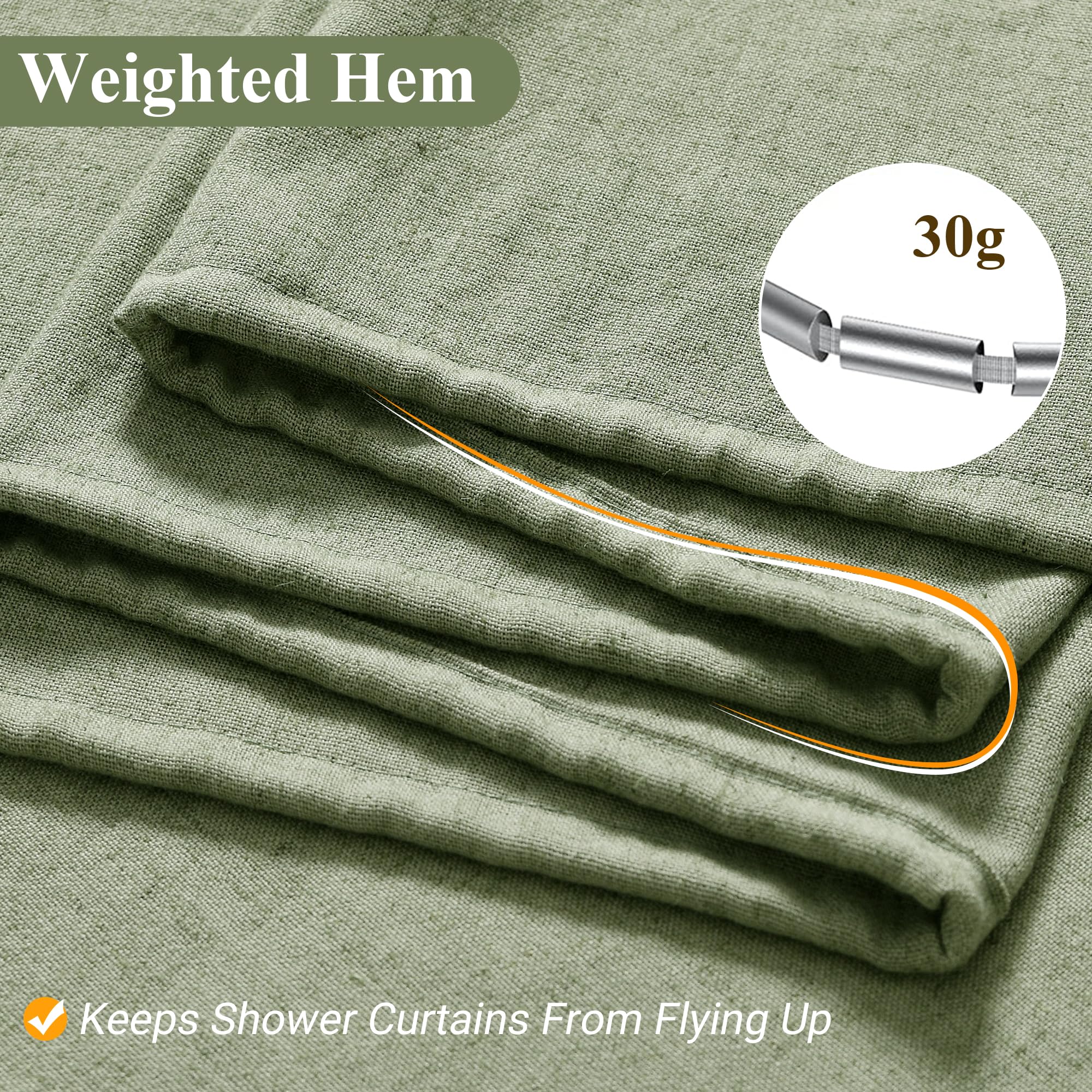 Naturoom Sage Green Shower Curtain in a modern bathroom setting for neutral linen vibe