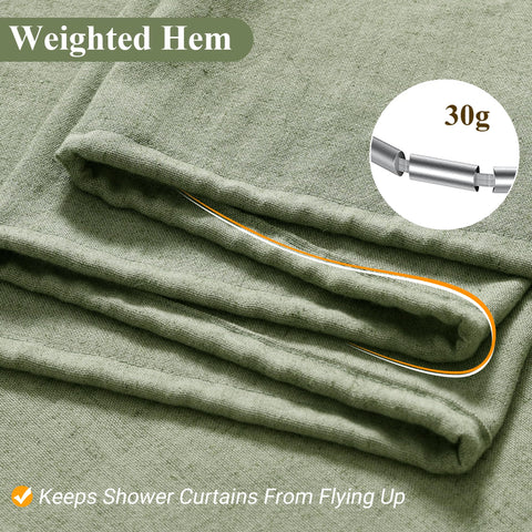 Naturoom Sage Green Shower Curtain in a modern bathroom setting for neutral linen vibe
