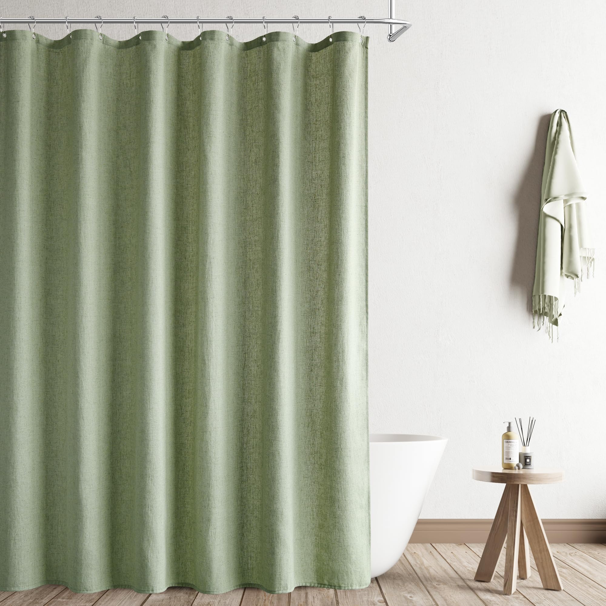 Naturoom Sage Green Shower Curtain packaging includes 12 rust-resistant hooks
