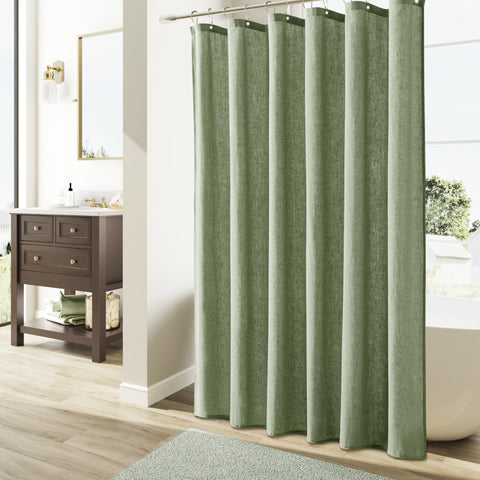 Naturoom Sage Green Shower Curtain weighted-hem detail keeps curtain in place during showers
