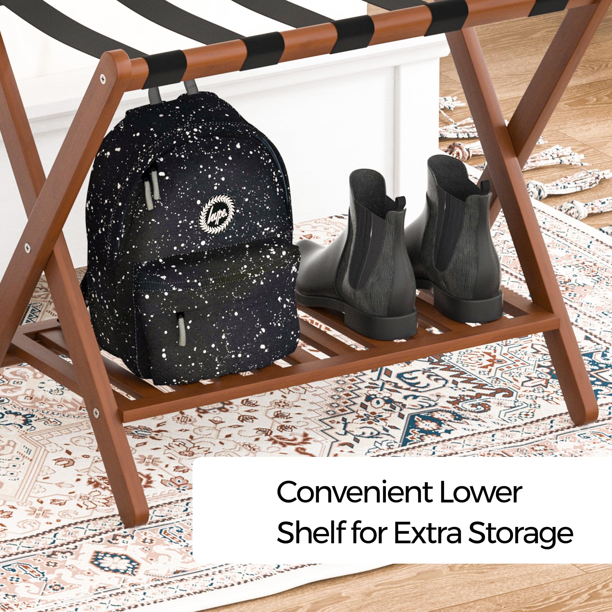 Natuvite bamboo rack offers scratch-free surfaces for bag placement.