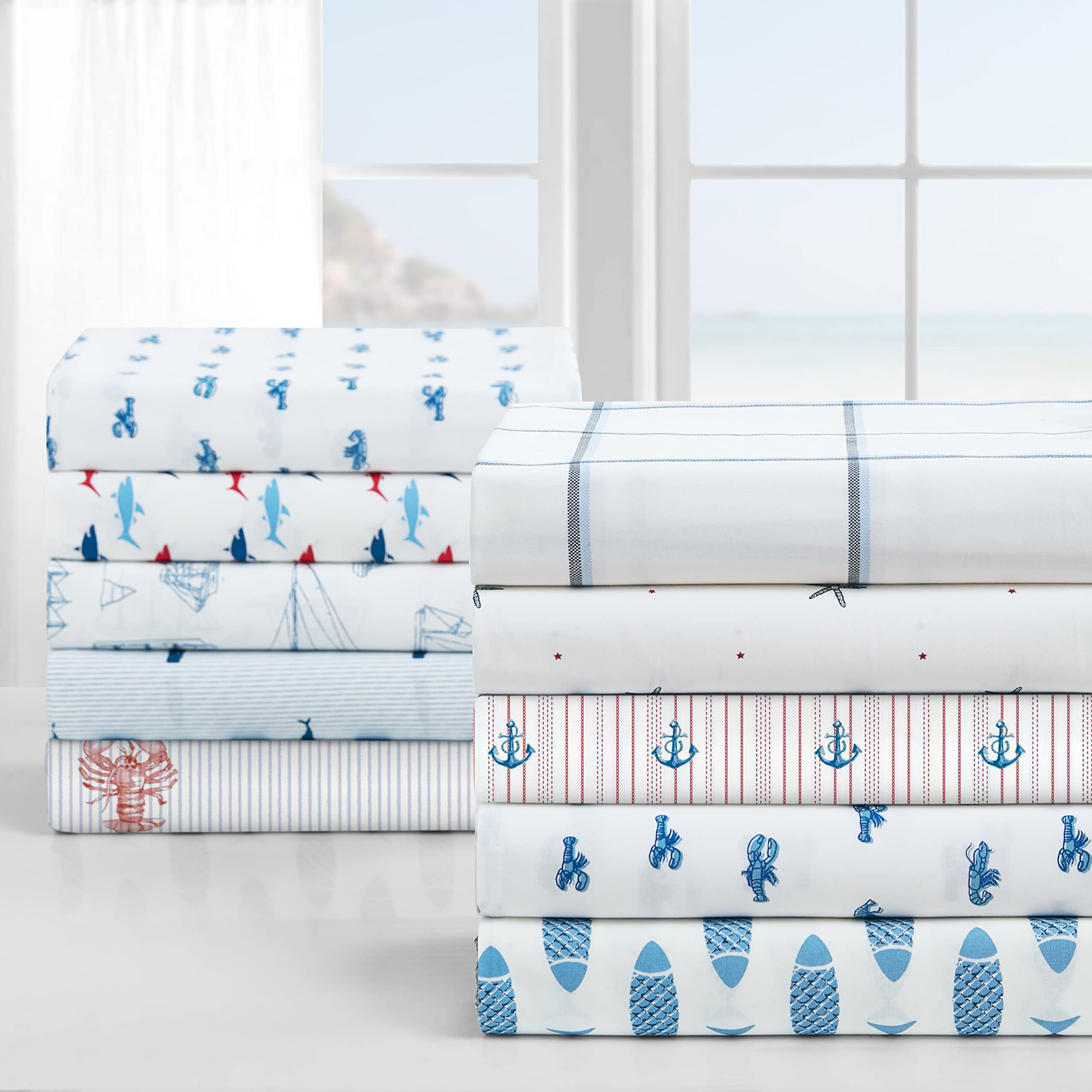Nautica bedding whale stripe blue packaging image conveys ready-to-enjoy set.