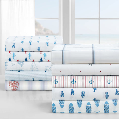 Nautica bedding whale stripe blue packaging image conveys ready-to-enjoy set.