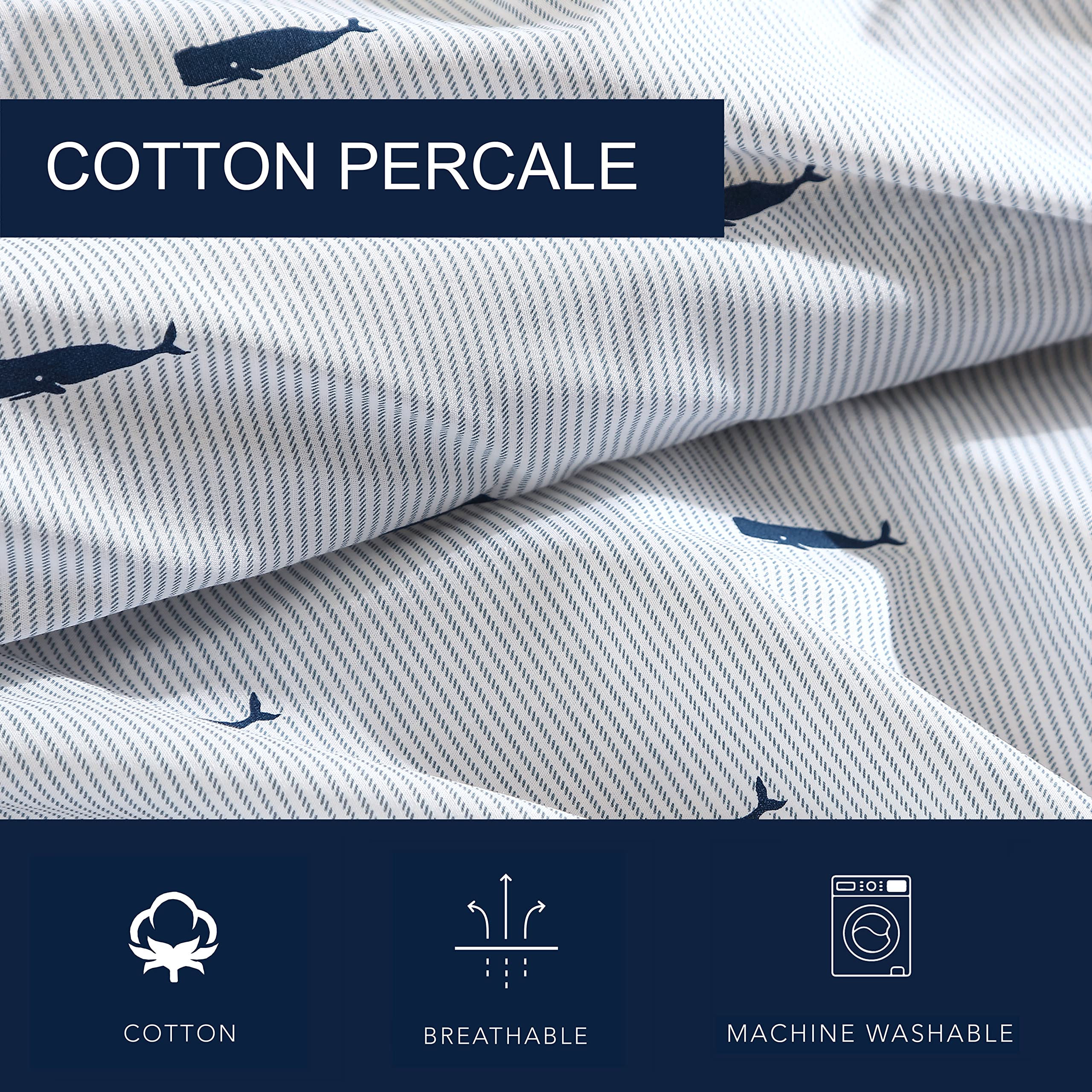 Nautica king fitted sheet 80x78 whale stripe blue showcases secure elastic fit.