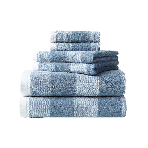 Nautica Oak Lake Blue bath towel folded to show stripe pattern and color.