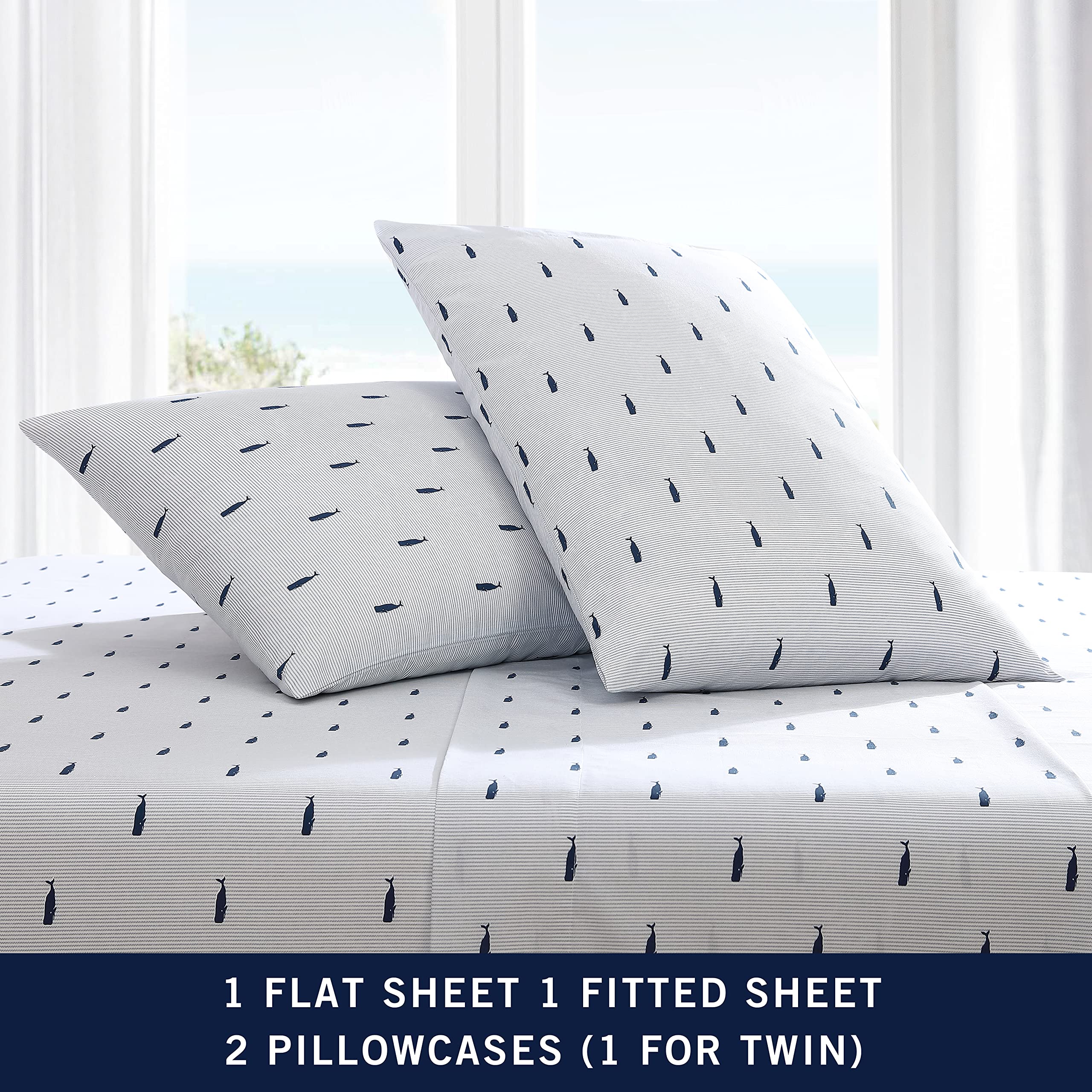 Nautica standard pillowcases (two) pair with Whale Stripe sheets.