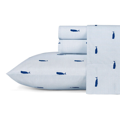Nautica twin size sheet set in whale stripe blue with crisp percale weave.