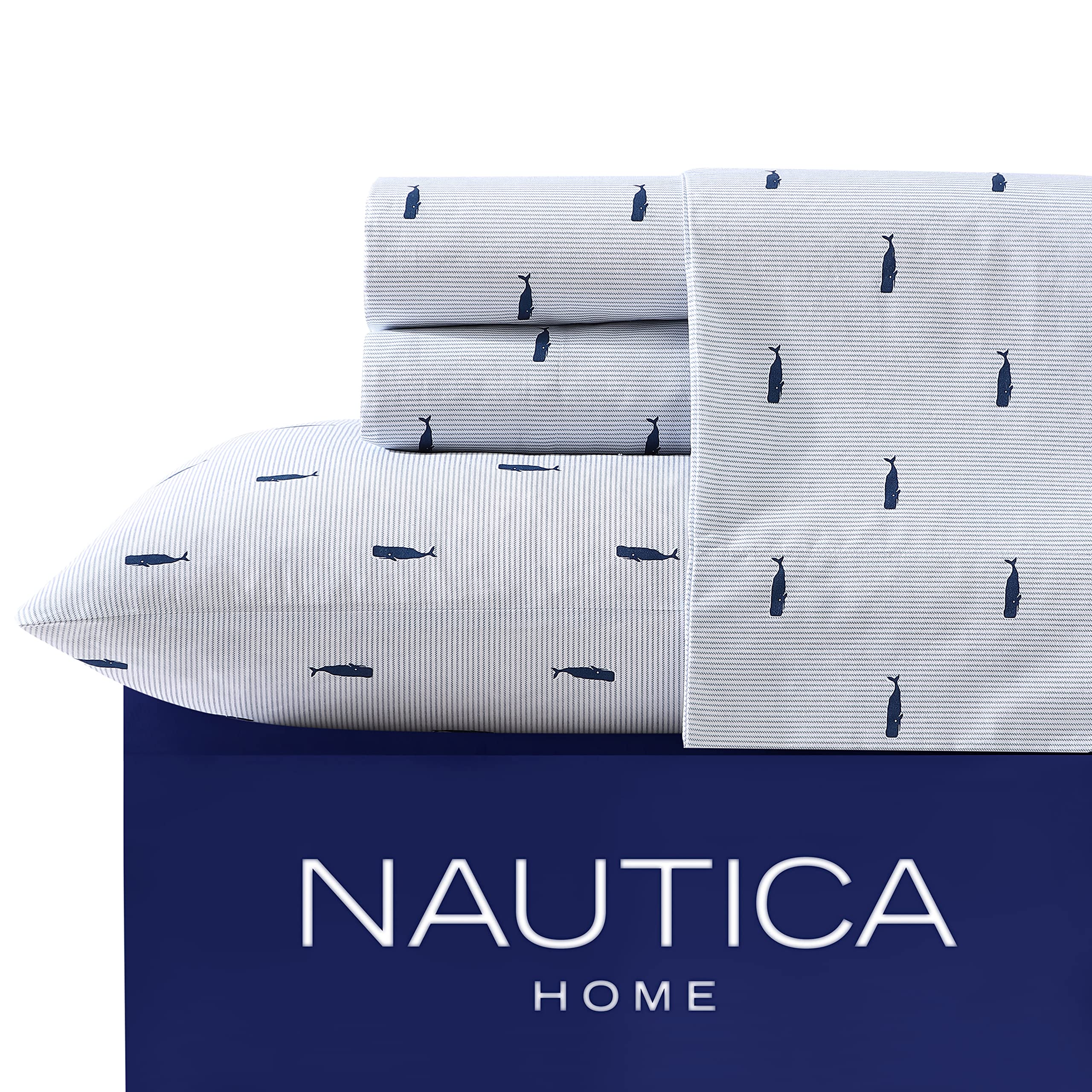 Nautica Whale Stripe Blue Full Sheet Set in blue for a crisp coastal look.