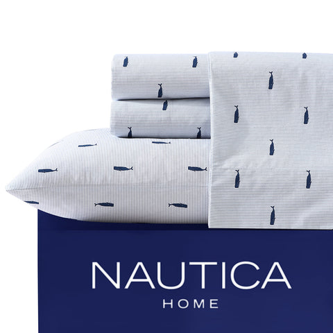 Nautica Whale Stripe Blue Full Sheet Set in blue for a crisp coastal look.