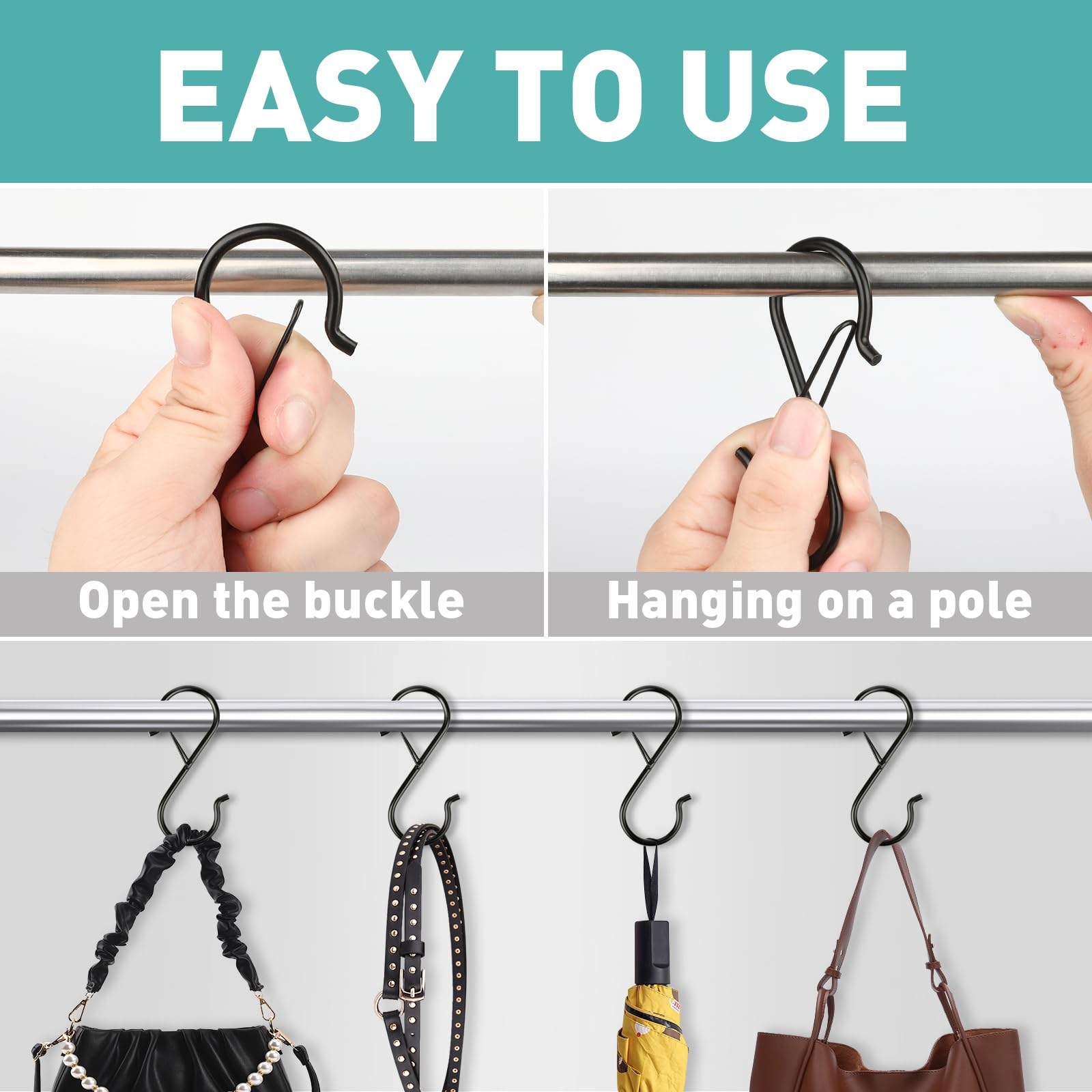 Navona S-hook on closet organizer with bags and belts