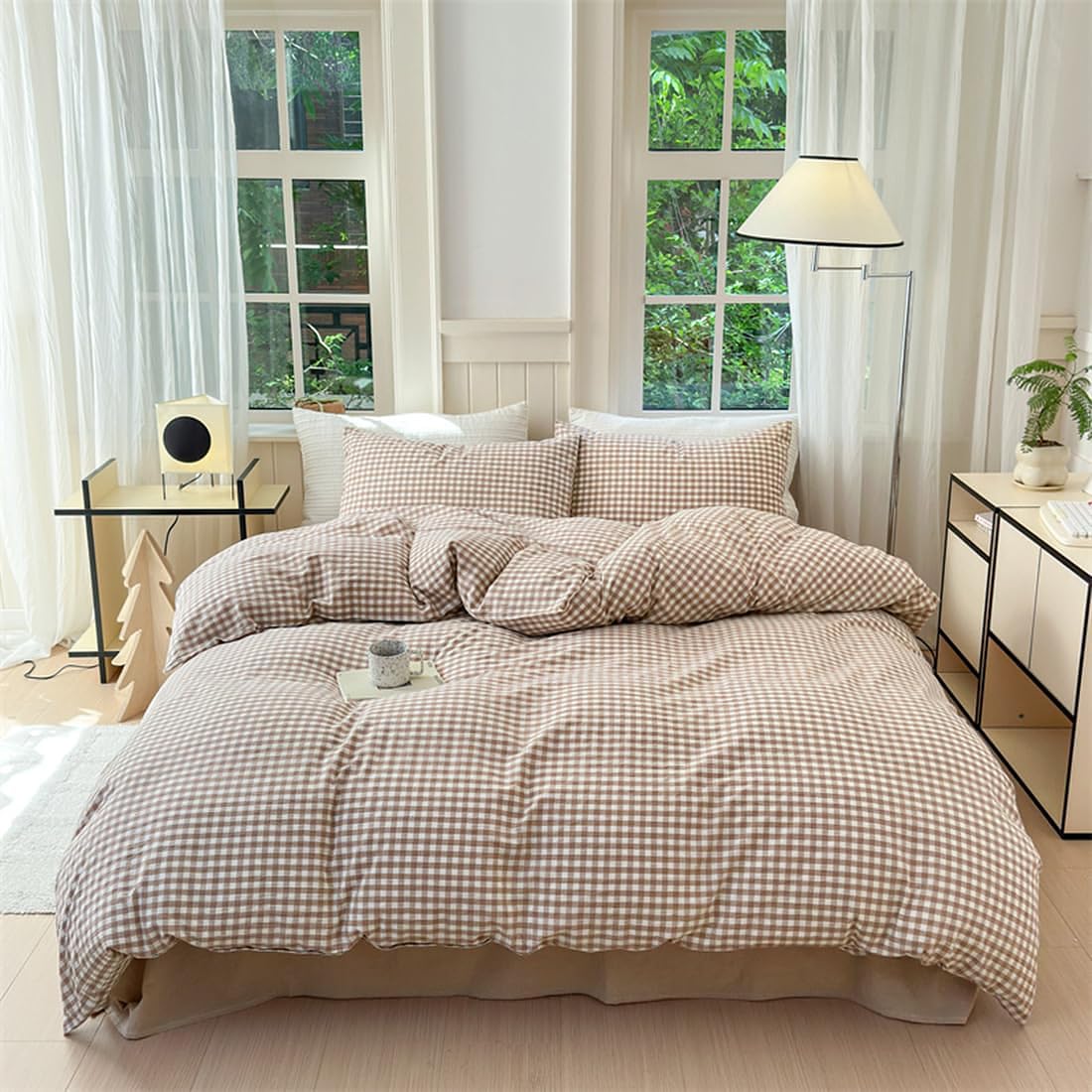 Nayoroom brown gingham duvet cover closeup shows soft microfiber texture.