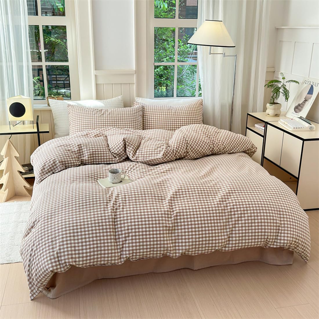 Nayoroom brown gingham pillowcase closeup demonstrates durable stitching for daily use.