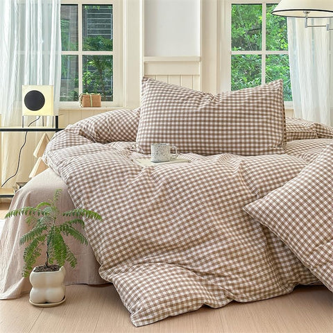 Nayoroom brown gingham zipper closure detail enables quick duvet changes.