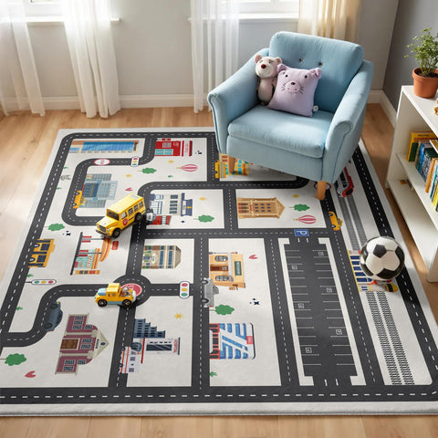Nayoroom kids city road car play rug close-up map for imaginative play.