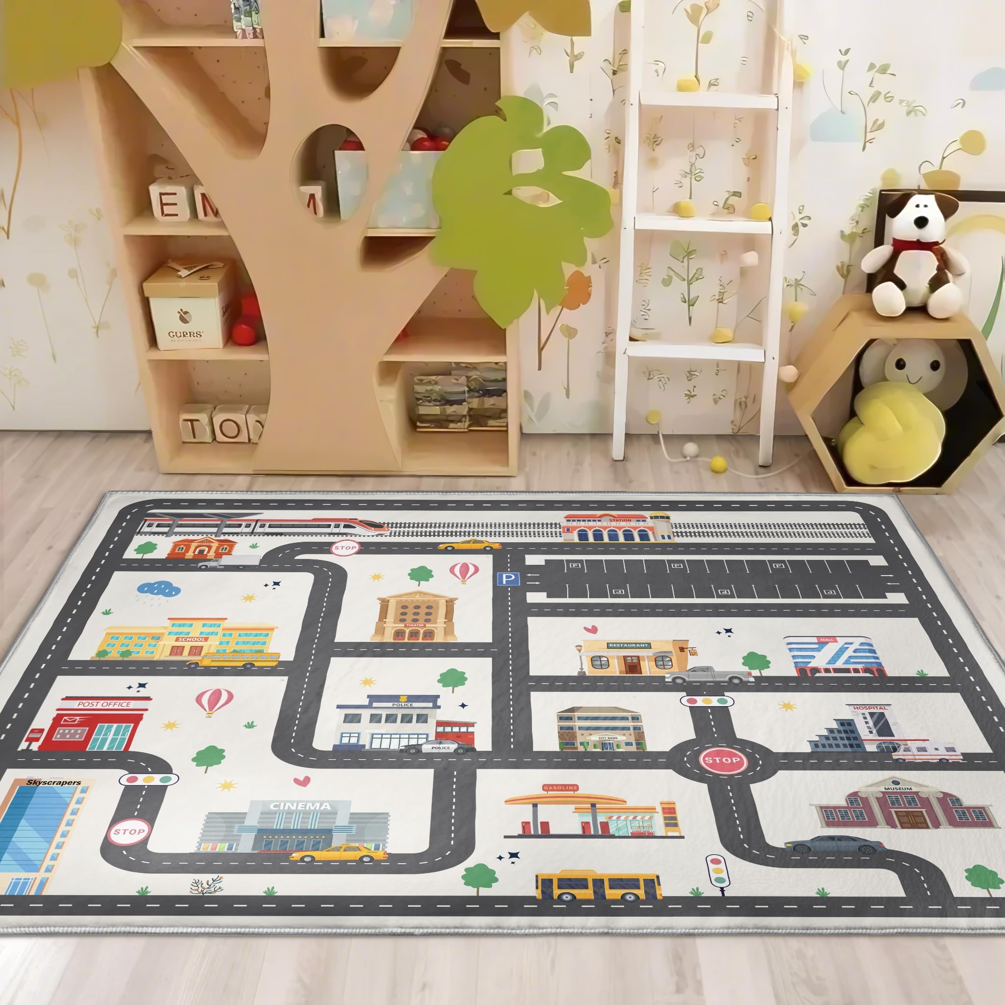 Nayoroom city map design on rug promotes educational play and exploration.