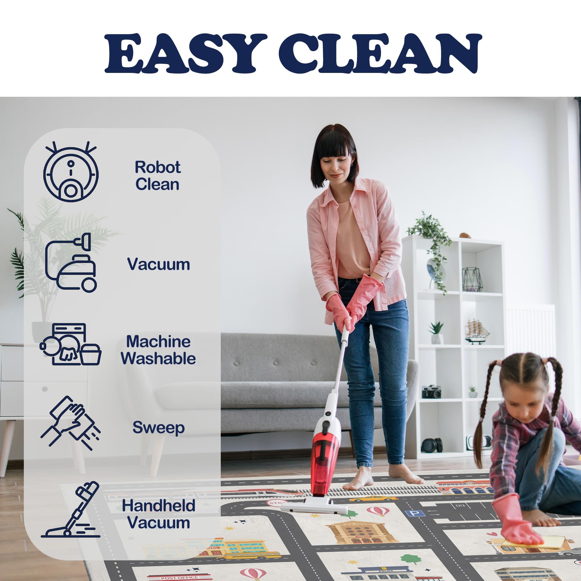 Nayoroom machine-washable rug demonstrated for easy cleaning in busy homes.