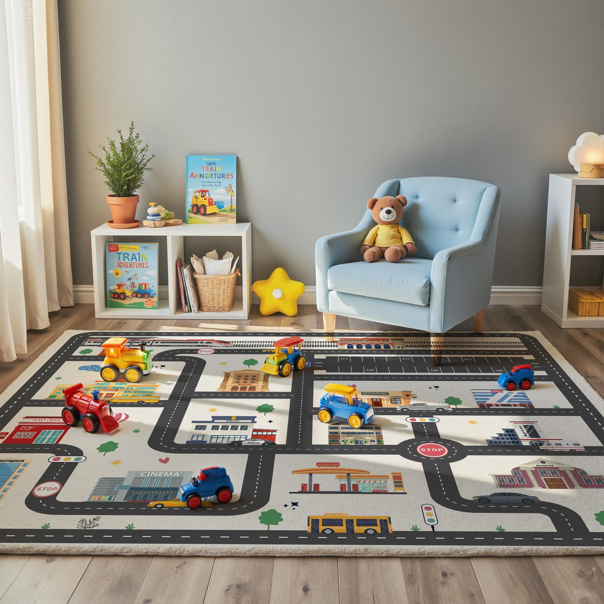 Nayoroom non-slip backing shown for safe play on wood or tile floors.