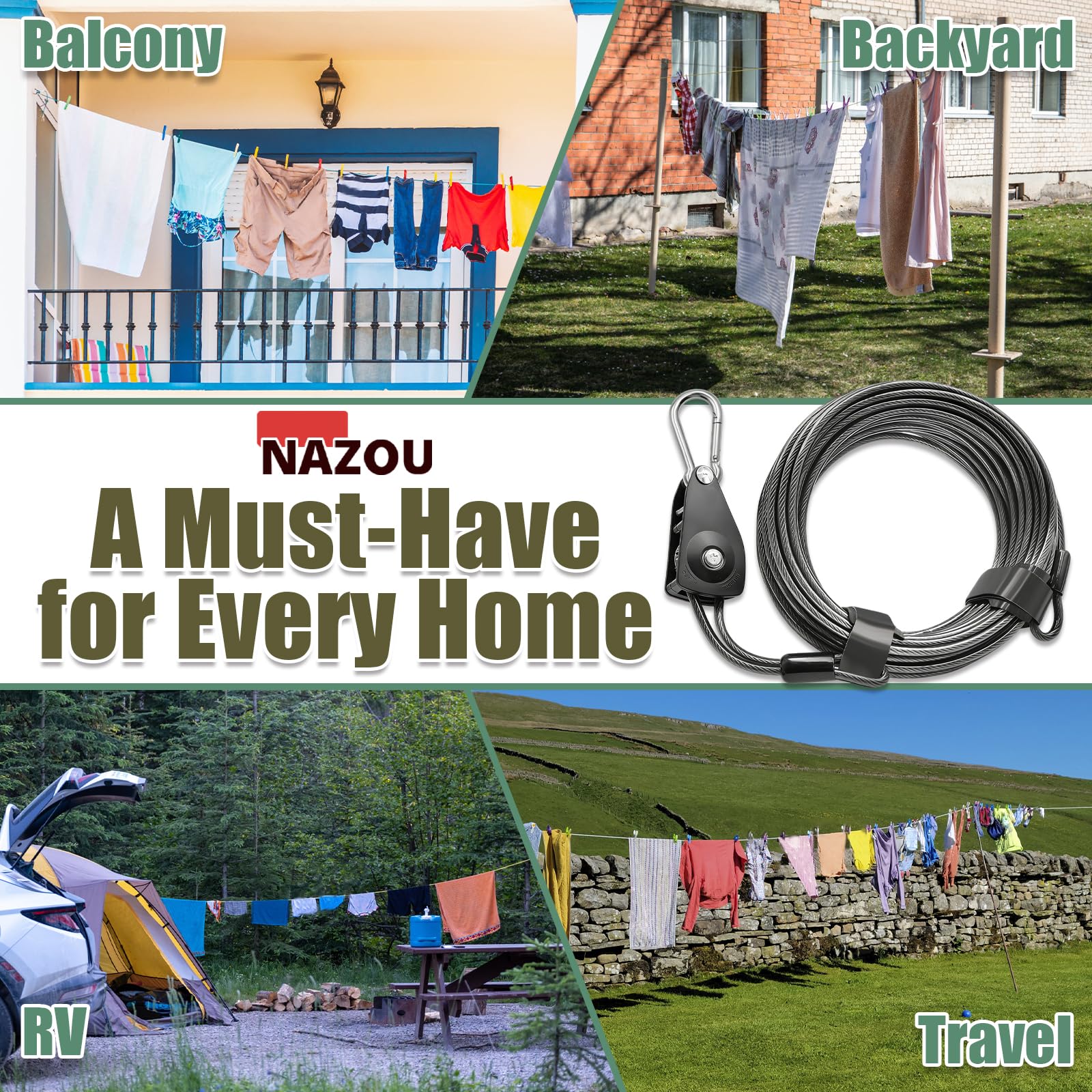 NAZOU Outdoor Retractable Clothesline in backyard or camping setup for outdoor use