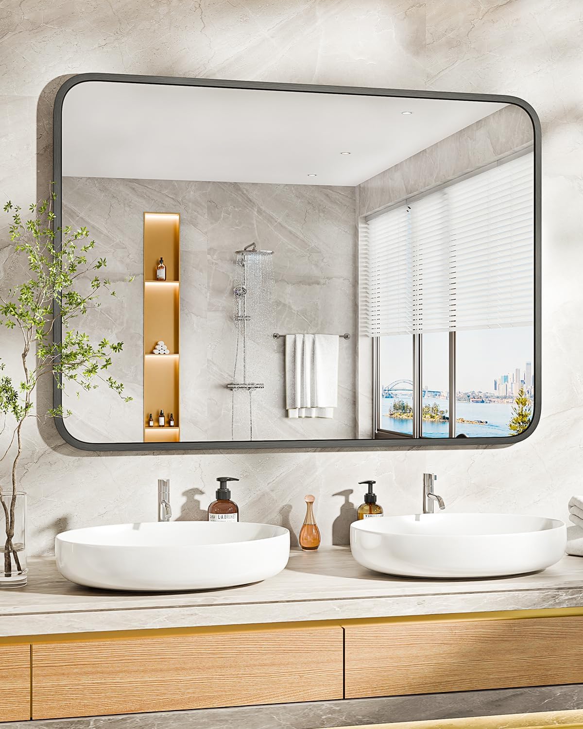 Sleek matte black metal frame adds modern style to any bathroom.