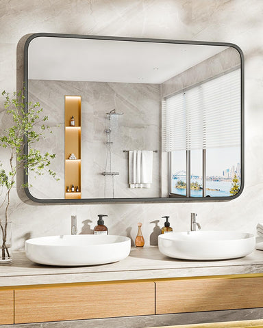 Sleek matte black metal frame adds modern style to any bathroom.