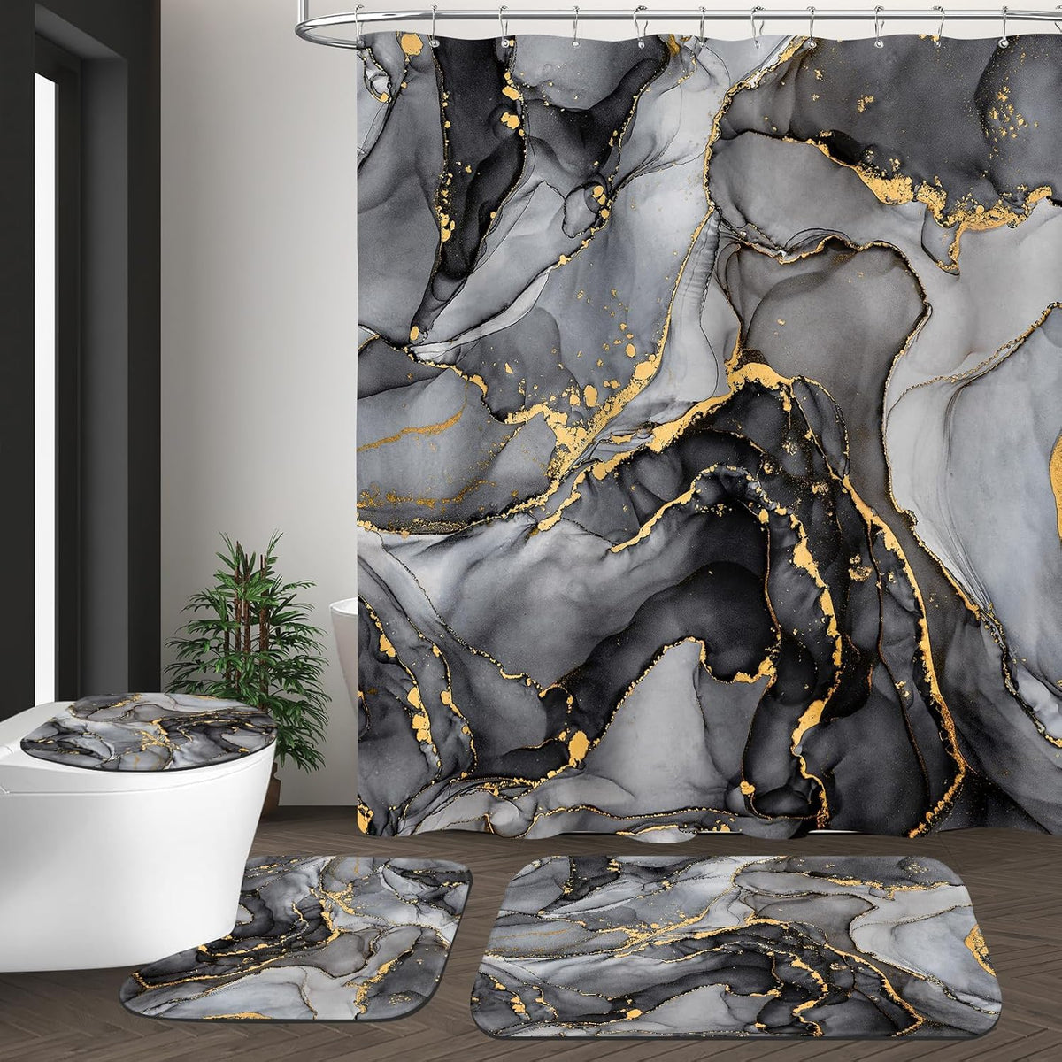 NBVKO black marble shower curtain for a modern bathroom with gold accents