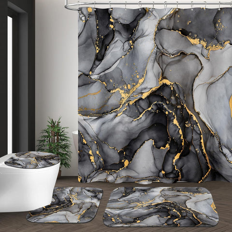 NBVKO black marble shower curtain for a modern bathroom with gold accents