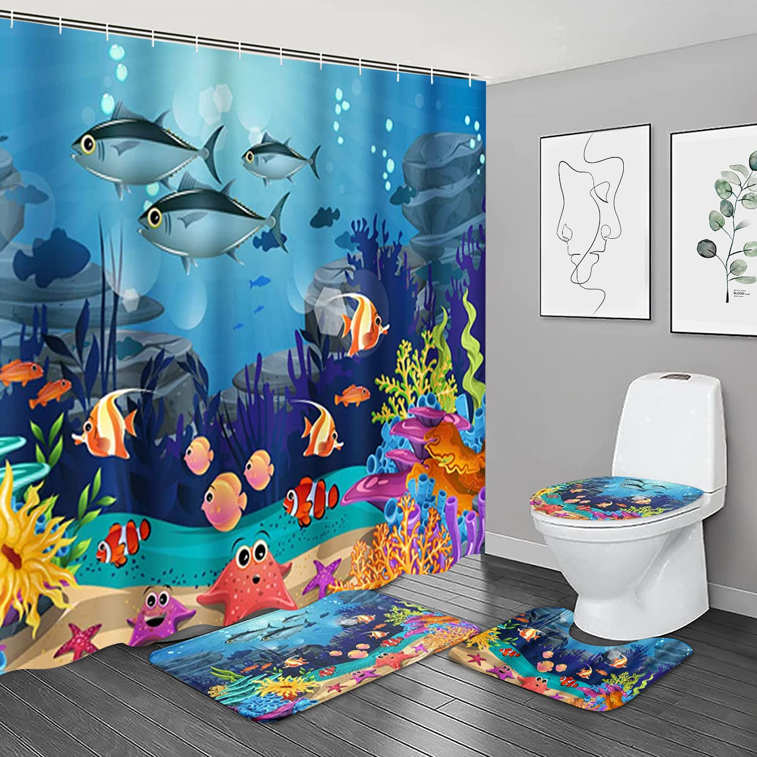 NBVKO cartoon ocean shower curtain with playful marine design enhances bathroom style