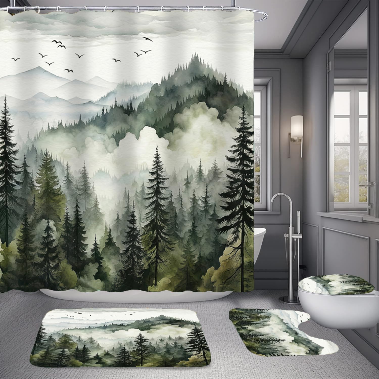 NBVKO Green Misty Forest shower curtain for natural mood and water containment