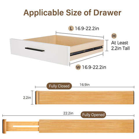 NCUE adjustable width divider fits drawers from 16.9 to 22.2 inches.