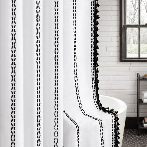 NDDYCU black and white boho shower curtain shows linen texture and soft light diffusion.