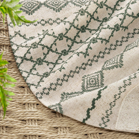 NDDYCU bathroom setup featuring dark green boho shower curtain and hooks.