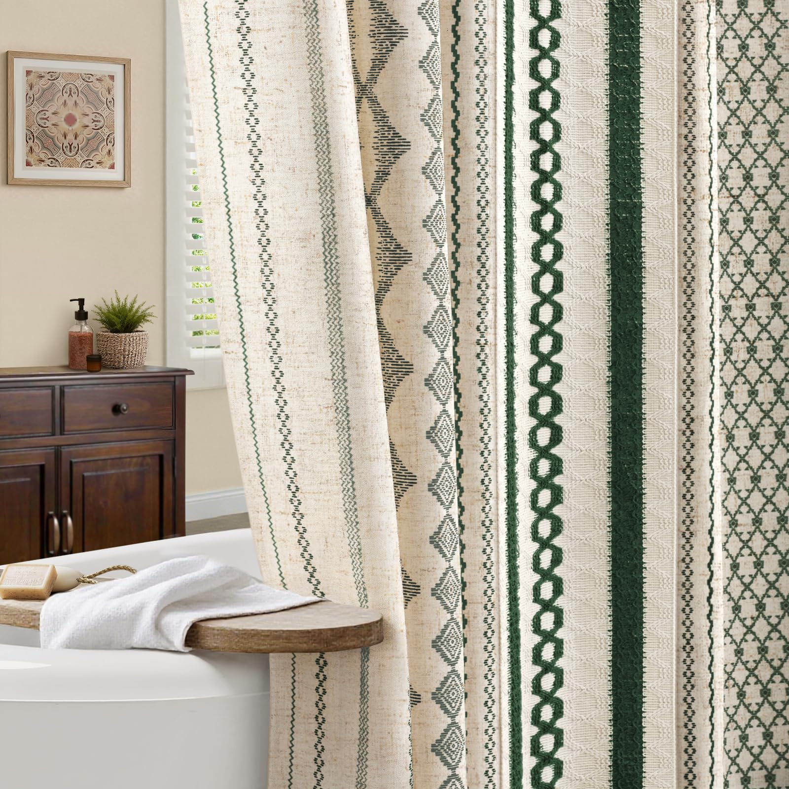 NDDYCU dark green boho shower curtain with linen texture for privacy and warmth.