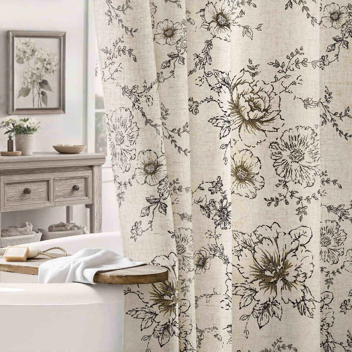 NDDYCU farmhouse floral linen shower curtain with vintage black pattern in 72x96.