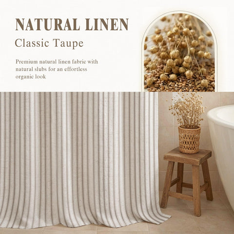 NDDYCU Farmhouse Stripe Shower Curtain shows taupe linen texture for warm bath charm.