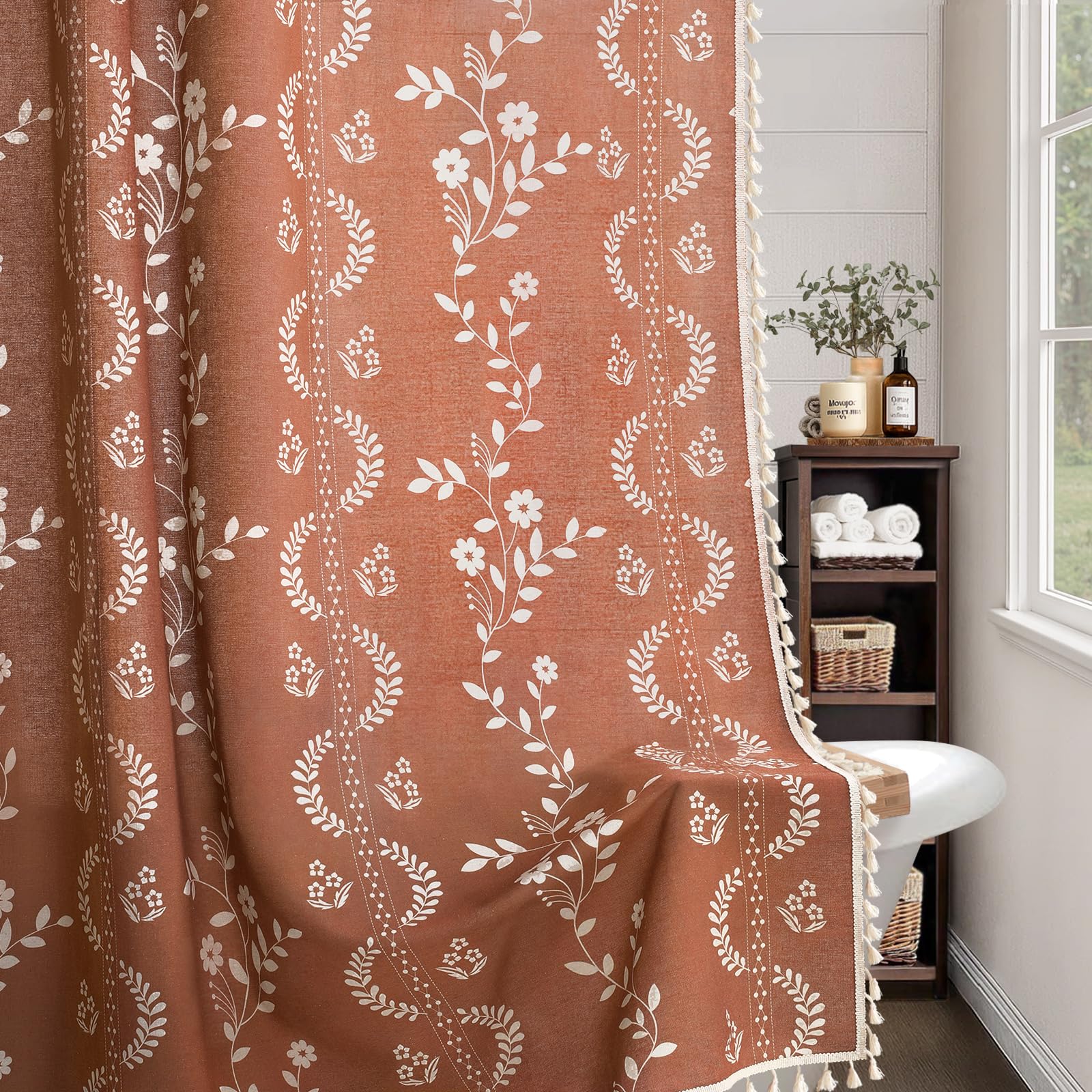 NDDYCU fringe-detail on terracotta shower curtain adds vintage charm.