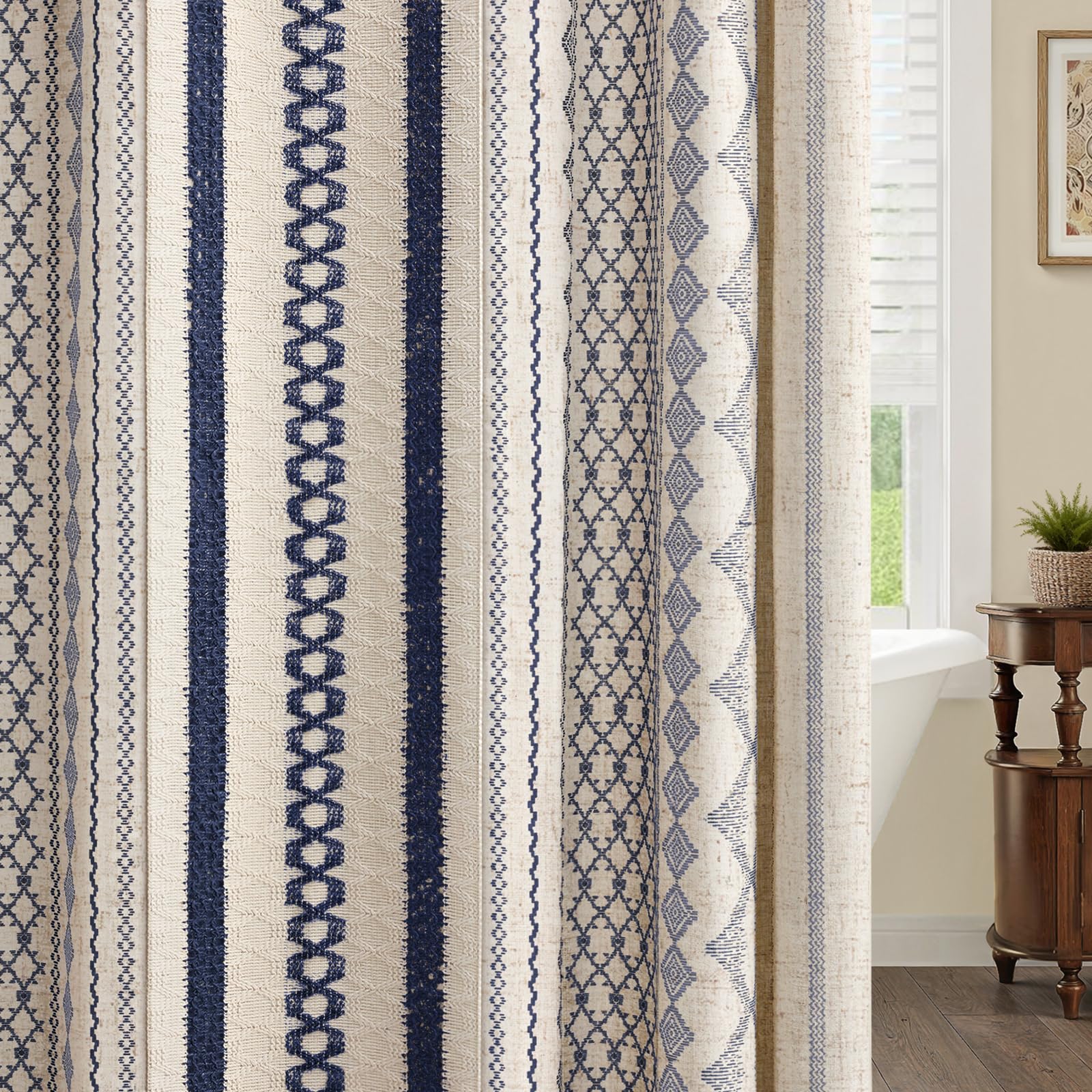 NDDYCU Nave Blue Boho curtain sized 72 by 72 inches for standard showers.