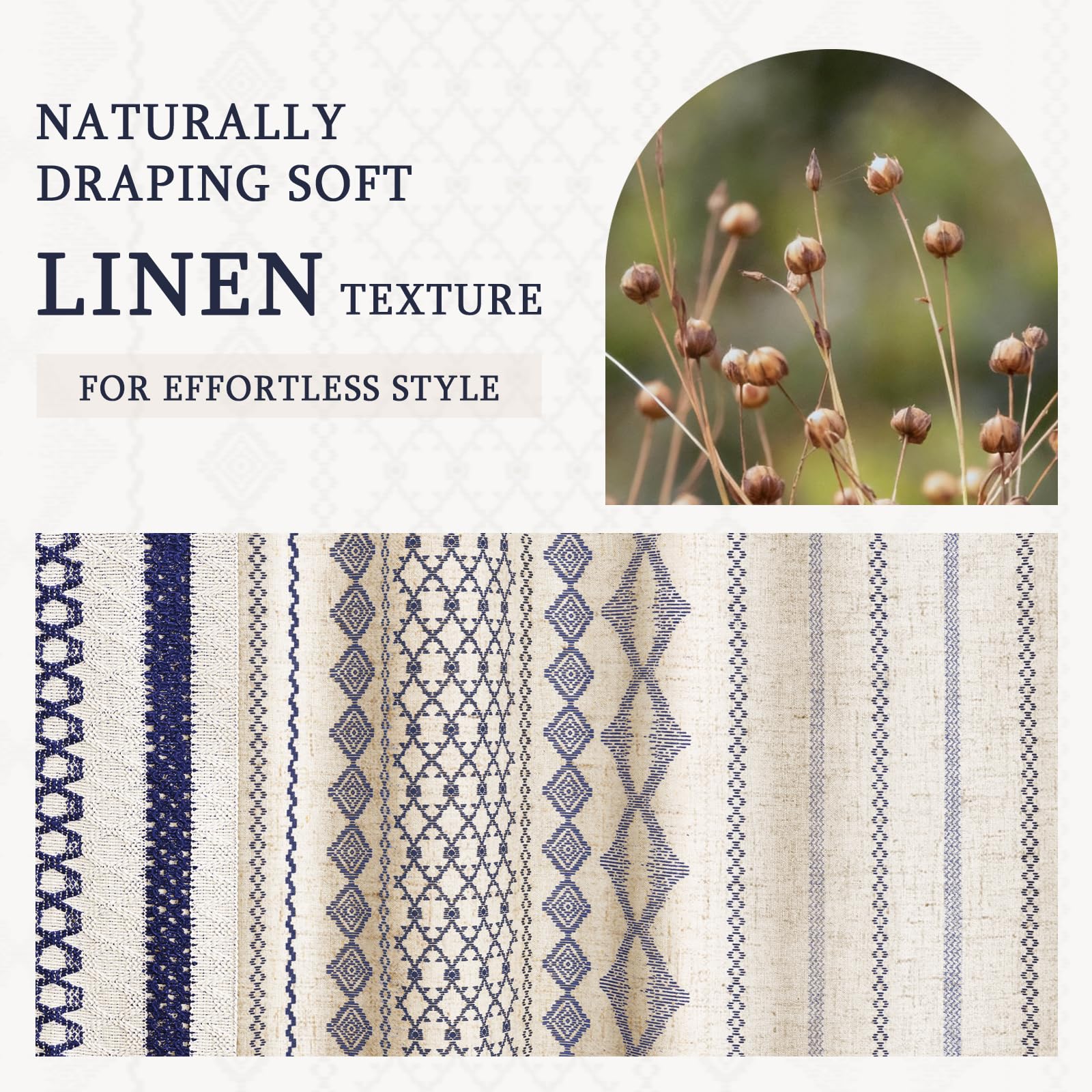 NDDYCU Nave Blue Boho curtain in beige linen tones blends with neutral palettes.