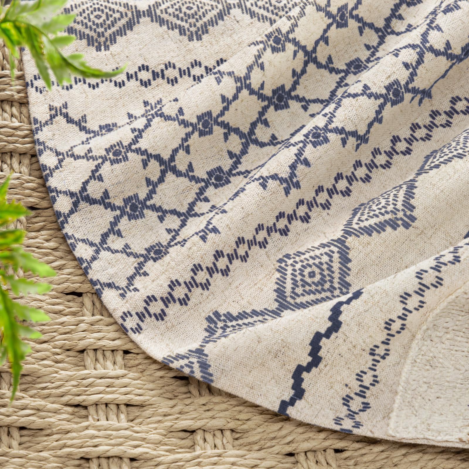 NDDYCU Nave Blue Boho curtain in bathroom scene shows warm, inviting ambiance.