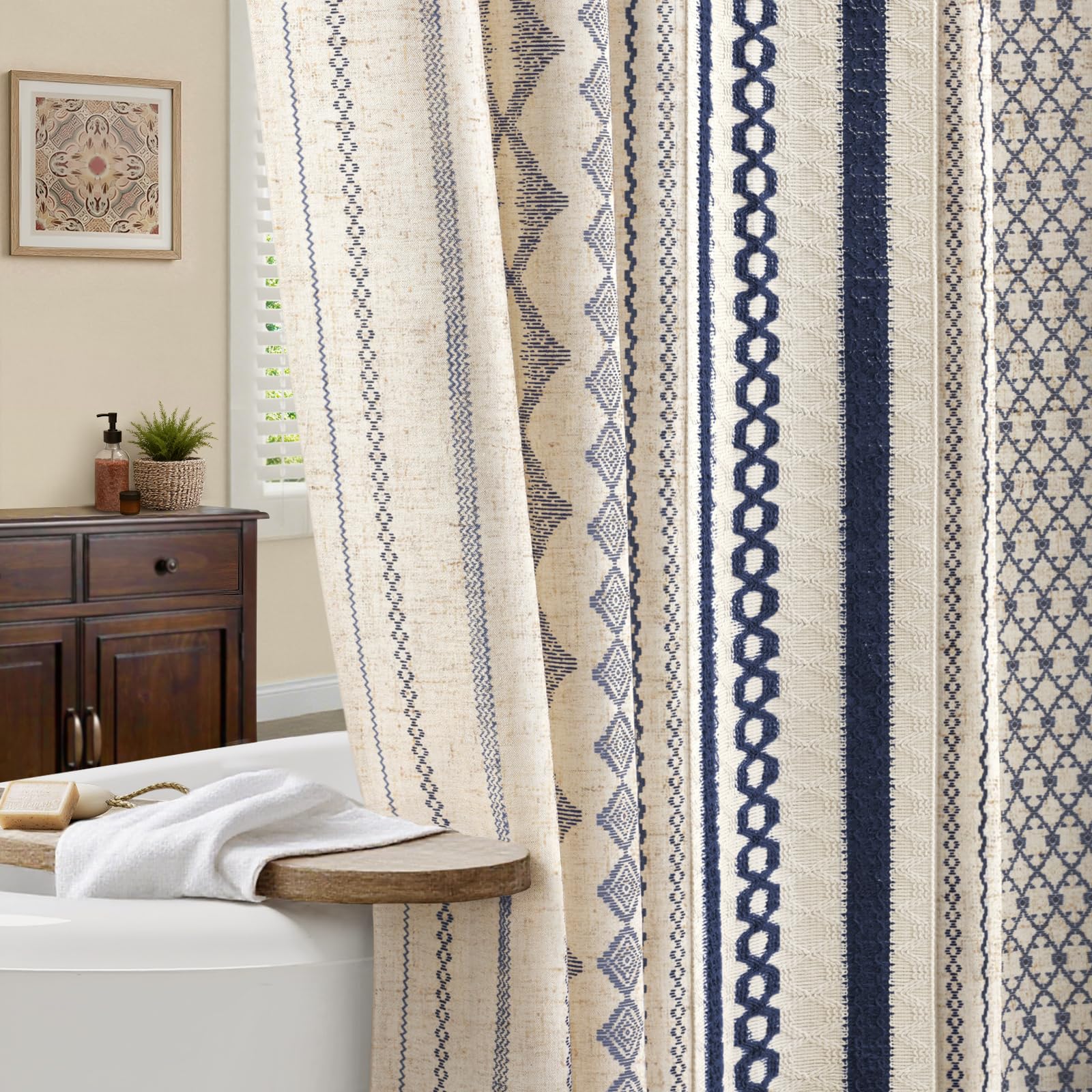 NDDYCU Nave Blue Boho shower curtain showcases linen texture for privacy and warmth.