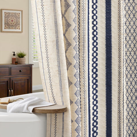 NDDYCU Nave Blue Boho shower curtain showcases linen texture for privacy and warmth.