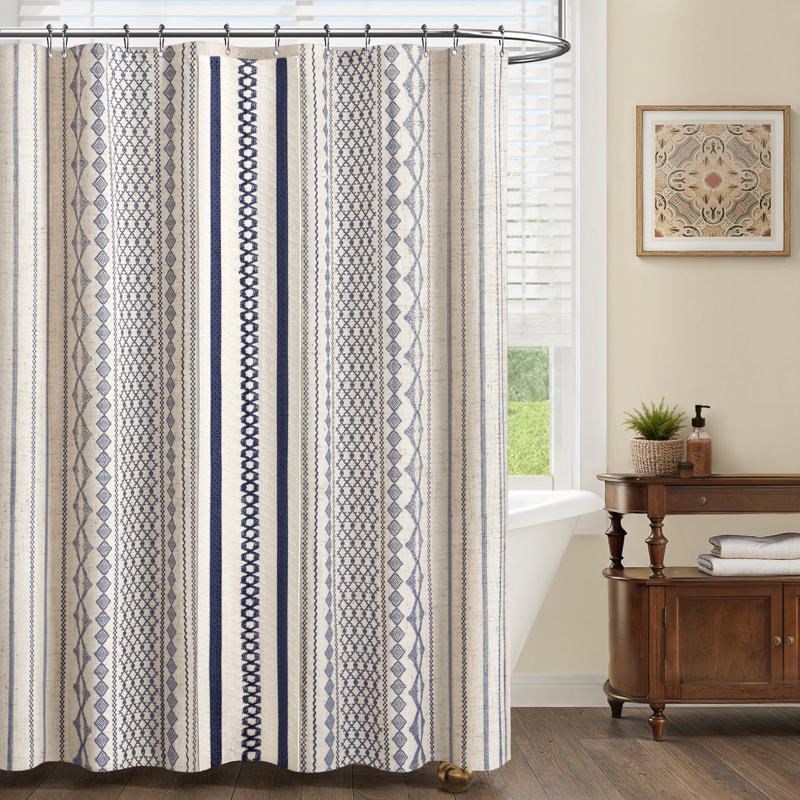 NDDYCU Nave Blue Boho curtain features a striped print for visual interest.