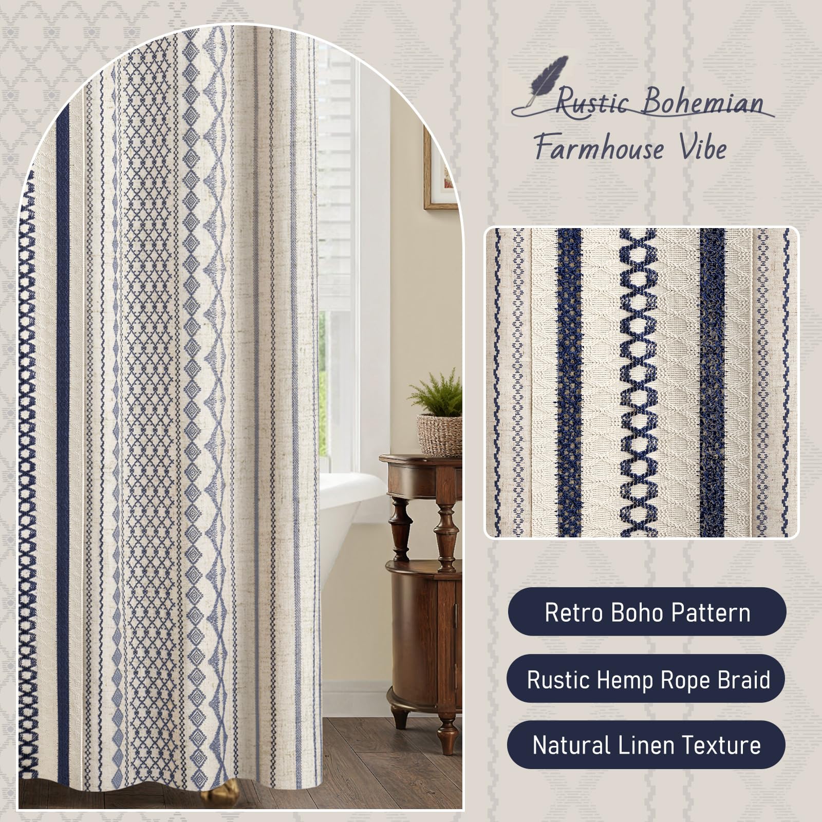 NDDYCU Nave Blue Boho curtain ships with 12 white C-shaped hooks for easy setup.
