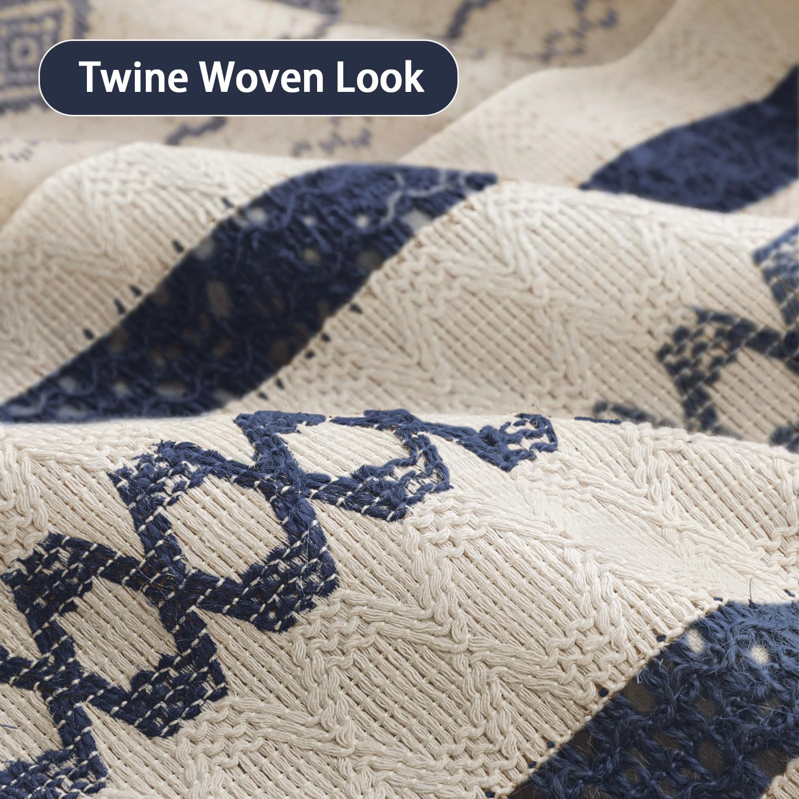 NDDYCU Nave Blue Boho curtain highlights a twine-inspired woven center for rustic charm.